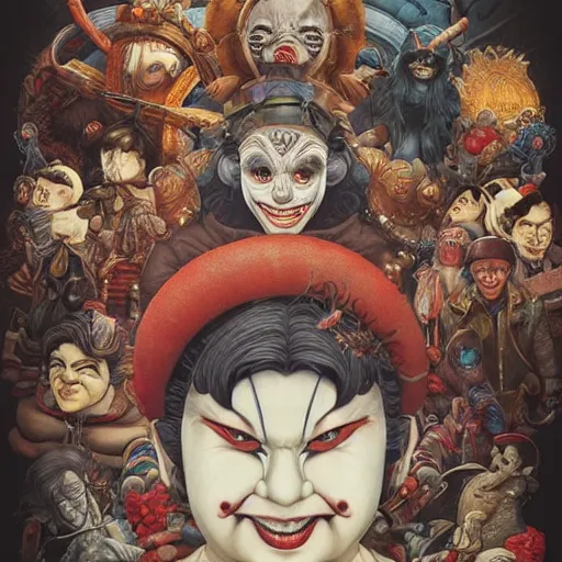 Image similar to 🔞☦🤡, rotary symmetrical, dynamic lighting, darker, not mirroring, detailed, by bambang nurdianshyah, garis edelweiss, roby dwi antono and dan mumford, ayami kojima, takato yamamoto, barclay shaw, karol bak, yukito kishiro, norman rockwell