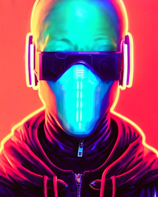 Prompt: cyberpunk synth, hyper - realistic portrait of a man in a hoodie with detailed neon mask, cyberpunk, intricate, digital painting, by atey ghailan, by greg rutkowski, by greg tocchini, by james gilleard, by joe fenton, by kaethe butcher, dynamic lighting, gradient light blue, lighting color scheme, sharp focus, grunge aesthetic