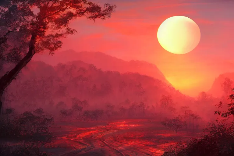 Image similar to gorgeous scarlet android beautiful sunset in the distance through the forest, jungle mountains in the background with immense trees, highly detailed, trending on art station, flying birds in the distance