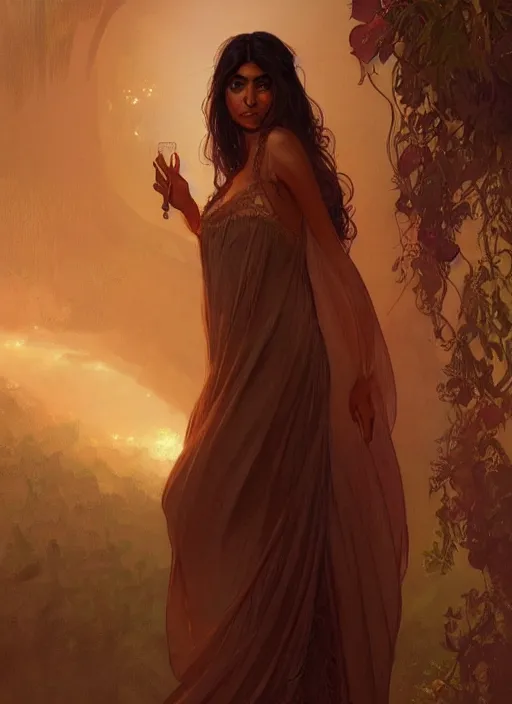 Image similar to cute brown woman wearing a transparent night gown, fantasy, intricate, highly detailed, digital painting, artstation, concept art, wallpaper, smooth, sharp focus, illustration, art by artgerm and greg rutkowski and alphonse mucha