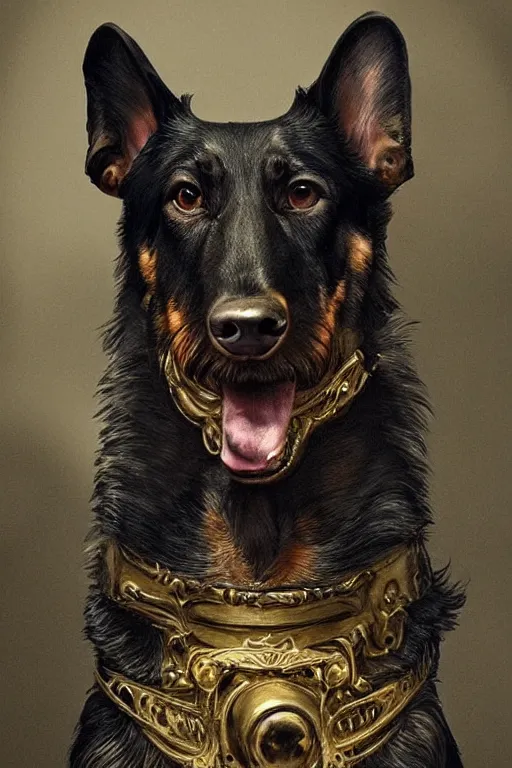 Prompt: Portrait of a Dachshund x German Shepherd dog, in style of Dark Souls 3, insanely detailed and intricate, golden ratio, elegant, ornate, luxury, elite, ominous, haunting, matte painting, cinematic, cgsociety, James jean, Brian froud, ross tran, Laputa, vivid and vibrant