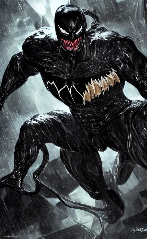 Image similar to venom as batman, dynamic lighting, photorealistic fantasy concept art, trending on art station, stunning visuals, terrifying, creative, cinematic