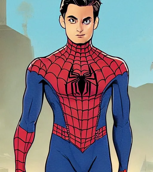 Image similar to very handsome peter parker with his spider suit removed to his waist, looking seductive
