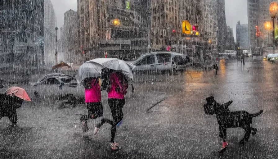 Image similar to its raining kittens and puppies in the most unusual storm ever, surprised people running for cover, some trying to catch the kittens, chaos in the city, high quality, high details, panoramic