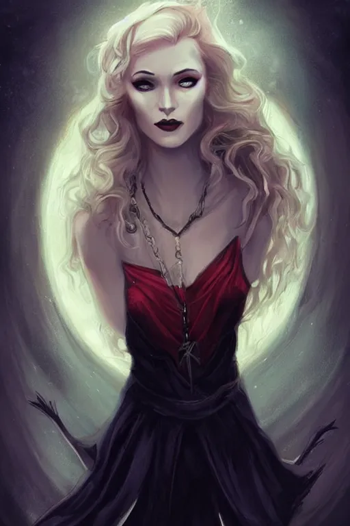 Image similar to tarot, beautiful wicked female occultist, sweeping ombre blonde hair, red eyes, high cheekbones, Victorian, black velvet dress, dark colors, magic Amulet, raven, fantasy painting, trending in Artstation, GSociety, by Charlie Bowater, Brom, Bastien Lecouffe-Deharme