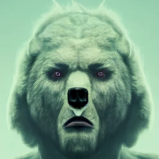 Image similar to human body bear faced hybrid creature, character concept art, portrait, epic, trending on artstation, very detailed, 4 k, hd, dramtic lighting, flowing energy, by beeple