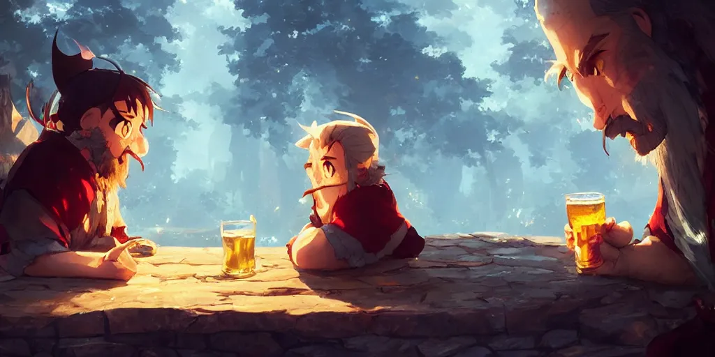 Image similar to a dwarf and a dragon drinking a beer together | gapmoe kuudere moody lighting stunning bokeh highlights sharp contrast | trending pixiv fanbox | by greg rutkowski makoto shinkai takashi takeuchi studio ghibli