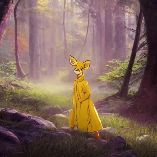 Prompt: concept art painting of an anthropomorphic doe wearing yellow robes, in the deep forest, realistic, detailed, cel shaded, in the style of makoto shinkai and greg rutkowski and james gurney