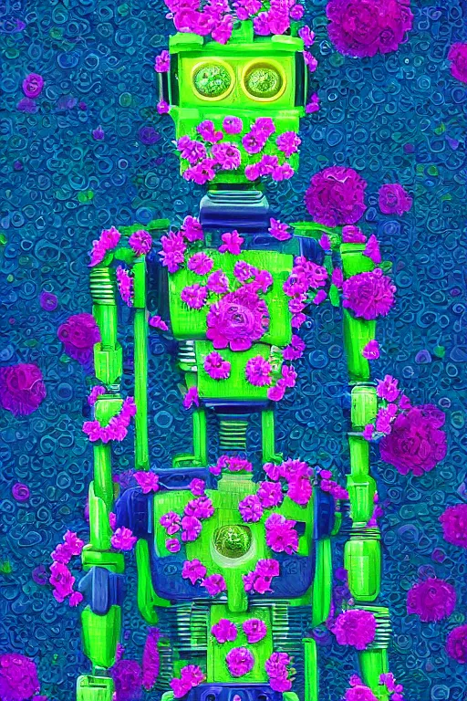 Prompt: a digital painting of a robot wearing a suit made of flowers, closeup, 1965 character portrait by Vladimir Tretchikoff and Lionel Smit, digital illustration, panfuturism, made of flowers, dystopian art, vaporwave