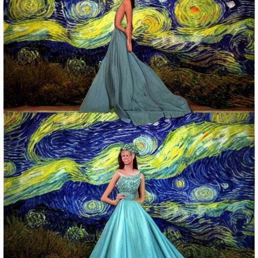 Image similar to Stunning photograph of a magnificent and ethereal ball gown designed after by Van Gogh's Starry Night. Fashion contest winning piece. Studio lighting