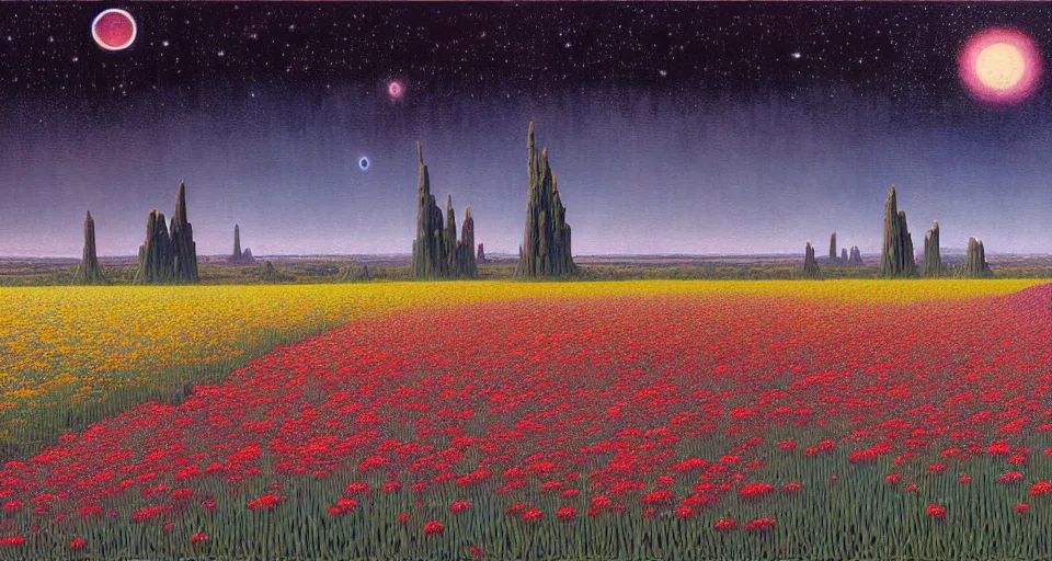 Prompt: a beautiful painting of a large perfectly cut hedge garden a field of flowers by moebius, underneath a star filled night sky, harold newton, zdzislaw beksinski, donato giancola, warm coloured, gigantic pillars and flowers, maschinen krieger, beeple, star trek, star wars, ilm, atmospheric perspective