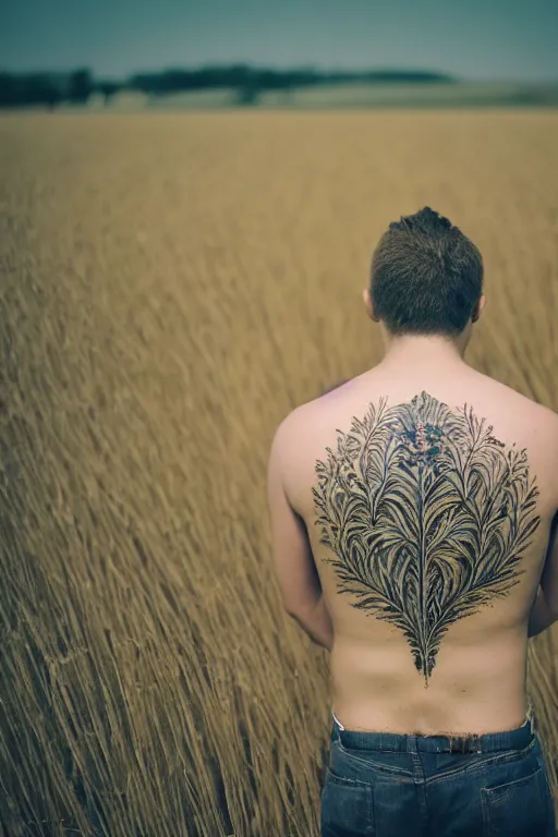 Image similar to agfa vista 4 0 0 photograph of a guy with intricate back tattoos standing in a wheat field, back view, lens flare, moody lighting, moody vibe, telephoto, 9 0 s vibe, blurry background, grain, tranquil, calm, faded!,