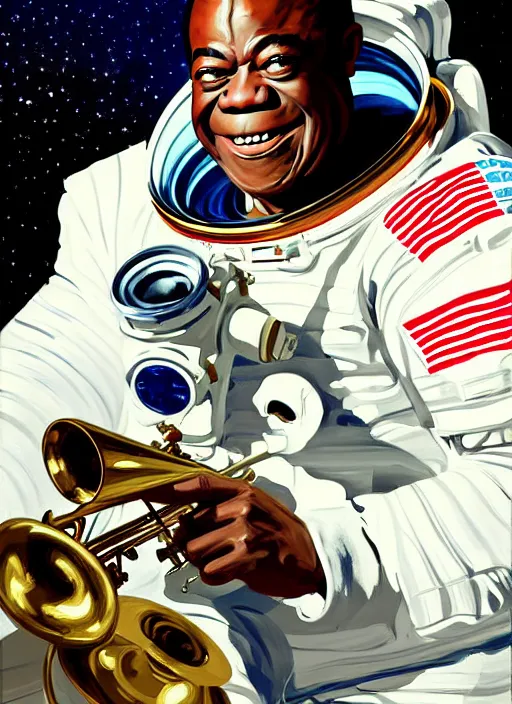 Prompt: a portrait of louis armstrong wearing a space suit on the moon, trumpet, by greg manchess and john singer sargent and jonathan yeo, dramatic lighting, highly detailed digital painting