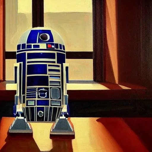 Prompt: modern stylized oil painting portrait of r2d2 at table in western saloon, 1890, very very very very very very very beautiful masterpiece, realistic and detailed, artstation, interesting artificial spotlight lightning, cinematic, dramatic