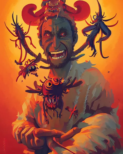 Image similar to a portrait of our lord and saviour beelzebub, ruler of the demons, king of the flies, a motherless heathen who brings misery, pretty rad guy to be honest by rhads by greg tocchini, by james gilleard, by joe fenton