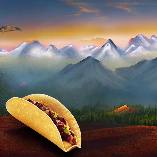 Image similar to a beautiful matte painting of a taco bell taco on a mountain