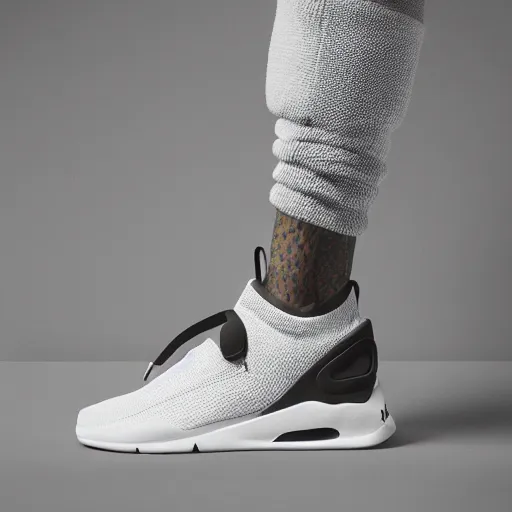 Image similar to a studio photoshoot of a Nike Air x Acronym sneaker collab designed by Errolson Hugh, knitted mesh material, realistic, color film photography by Tlyer Mitchell, 35 mm, graflex