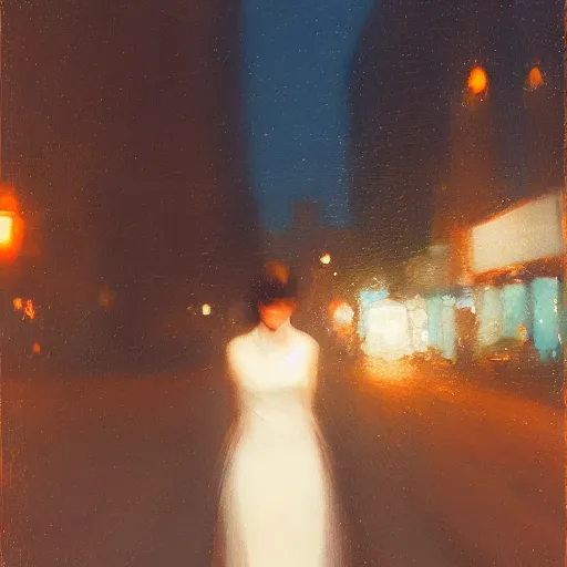 Image similar to detailed portrait of a woman in the city street at night, bokeh, long exposure, painting by jeremy lipking