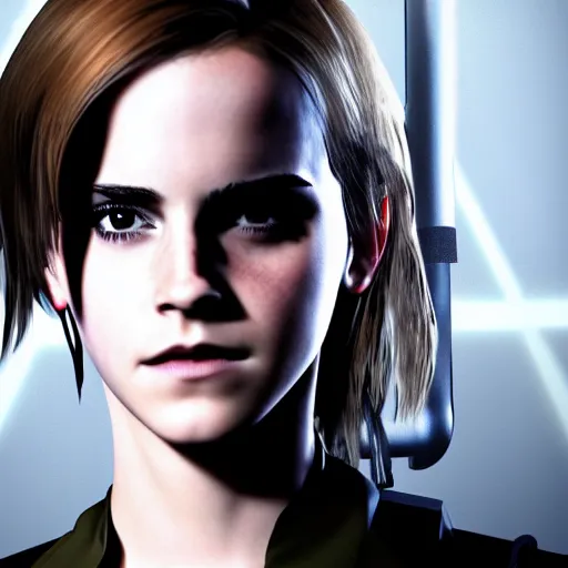 Image similar to Emma Watson as a Metal Gear Solid Villain 2005 JRPG cinema 4d render, Ray tracing reflection, natural lighting, Unreal Engine award winning photography