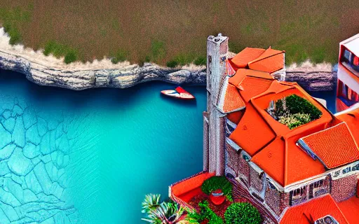 Image similar to architecture of a villa on a cliff, aerial view, orange and red color scheme, vivid colors, photorealist, 4 k