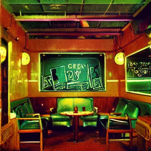 Prompt: the green lady lounge and the the deep field space 35mm Fujichrome cross process