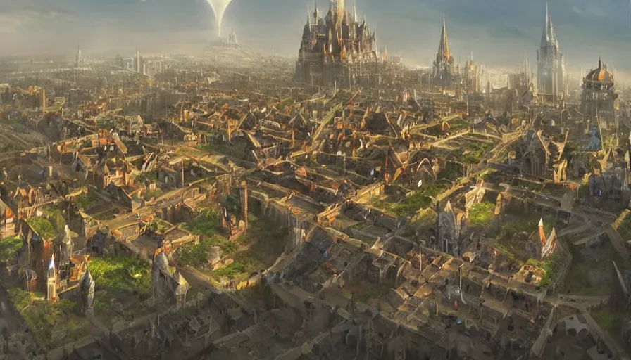 Image similar to fantacy city with a castle, aerial photography, concept art, by artgerm and greg rutkowski, detailed textures