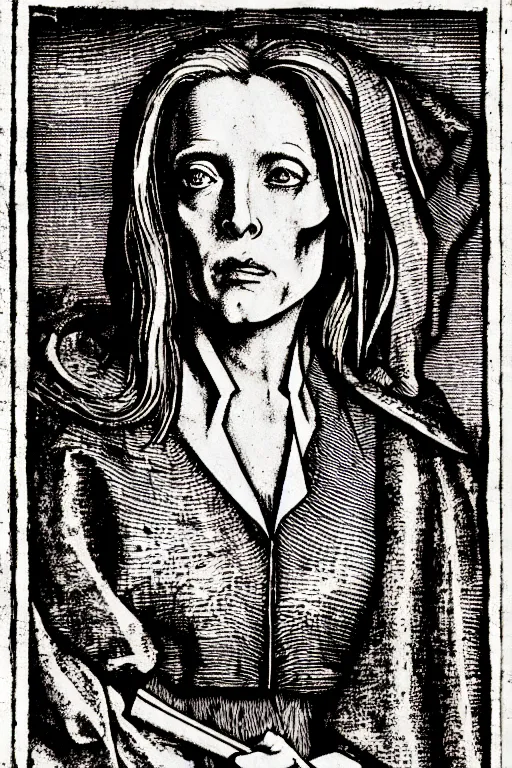 Image similar to dana scully of the apocalypse, pen and ink illustration / renaissance woodcut by albrecht durer 1 4 9 6, 1 2 0 0 dpi scan, ultrasharp detail, hq scan, intricate details, stylized border