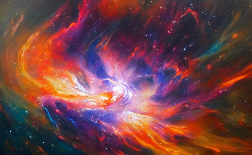 Prompt: an abstract oil painting of an unbelievably beautiful space nebula; swirling sheets of light and fire; hyper-detailed; an extraordinary masterpiece!!!; flawless; trending on artstation