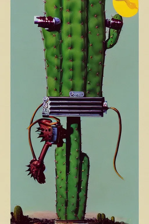 Prompt: long shot of a 1950s retro Cactus robot, with space above the head. Bionic cacti Arms and eyes. pop surrealism, muted colours. by Jean-Baptiste Monge, wide shot