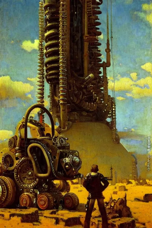 Prompt: fallout, huge machine robot, cool tint, painting by, gaston bussiere, johannes vermeer