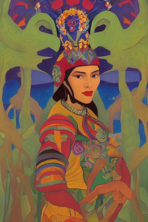 Image similar to queen of spring, by Nicholas Roerich and Tino Rodriguez and Diego Rivera , elaborate headdress and embroidered velvet, iridescent beetles, rich color, dramatic cinematic lighting, extremely detailed