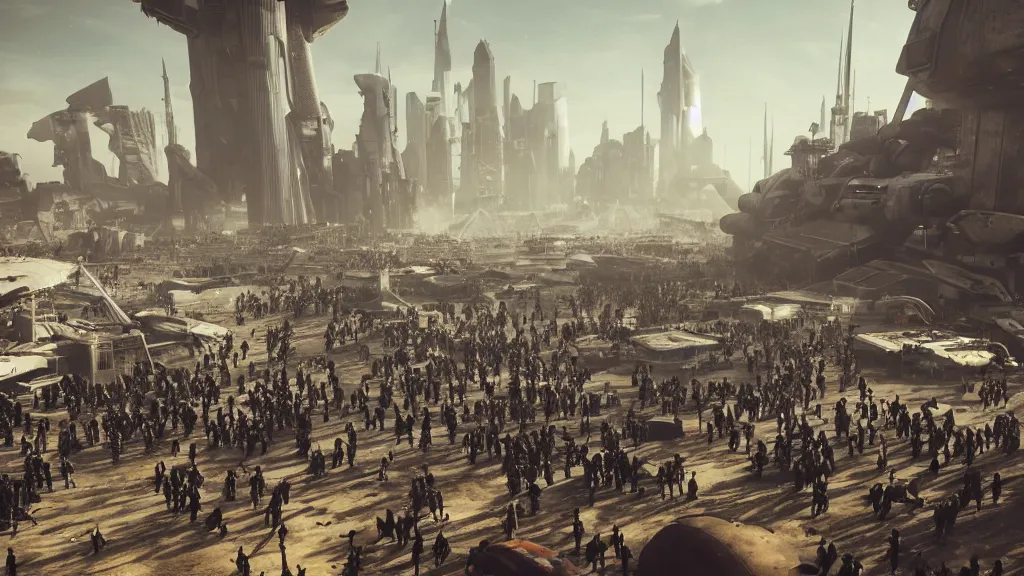 Prompt: low angle shot of a horde of people next to a spaceship launch in a post-apocalyptic city, rich contrast, spaceships flying in background, hyperrealistic, Cryengine 8k UHD