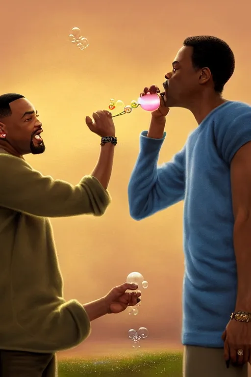 Image similar to Will Smith and Chris Rock With A Goatee As Short Midgets Holding Hands And Blowing Bubbles, illustration, soft lighting, soft details, painting oil on canvas by Edmund Blair Leighton and Charlie Bowater octane render, HDR, trending on artstation, 4k, 8k, HD