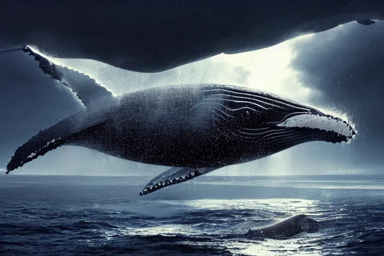 Image similar to a humpback whale flying over the superbowl cinematic lighting by Jessica Rossier