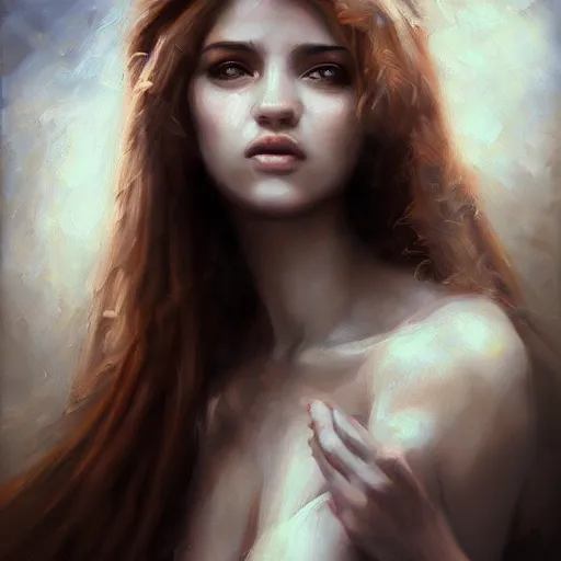 Image similar to detailed portrait of greek girl, spring light, painting by lise deharme