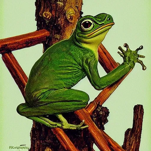 Image similar to pepe the frog home from vacation by norman rockwell