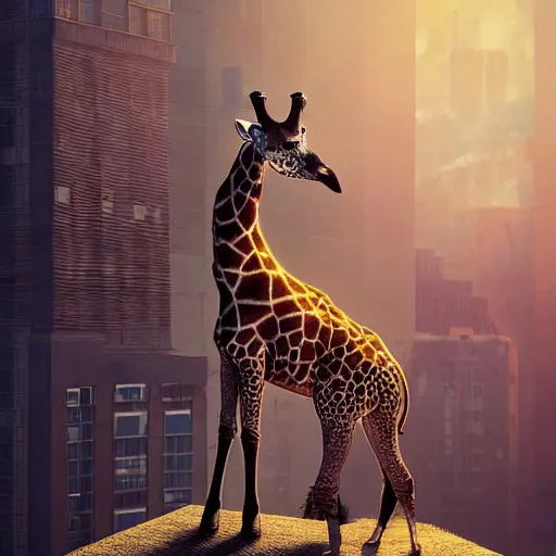 Prompt: a full body painting of a [ giraffe standing on rooftop ] [ four legged animal ], intricate, epic lighting, cinematic composition, hyper realistic, 8 k resolution, unreal engine 5, by artgerm, tooth wu, dan mumford, beeple, wlop, rossdraws, james jean, andrei riabovitchev, marc simonetti, artstation