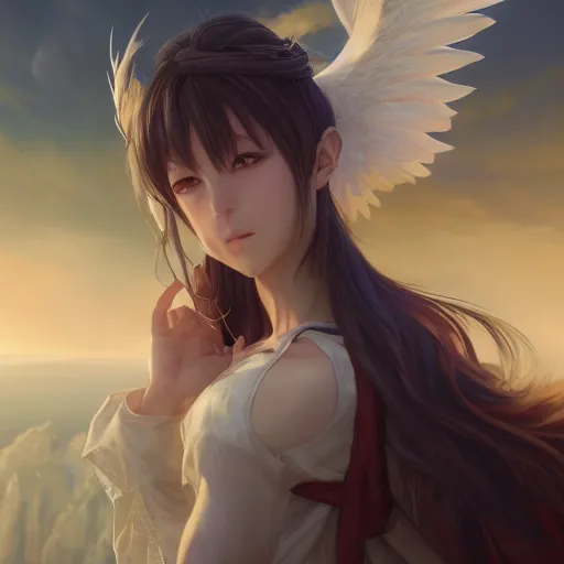 Image similar to an oil painting of a beautiful anime girl with angel wings, by artgerm, wlop and greg rutkowski, hd, hdr, ue 5, ue 6, unreal engine 5, cinematic 4 k wallpaper, 8 k, ultra detailed, high resolution, artstation, award winning