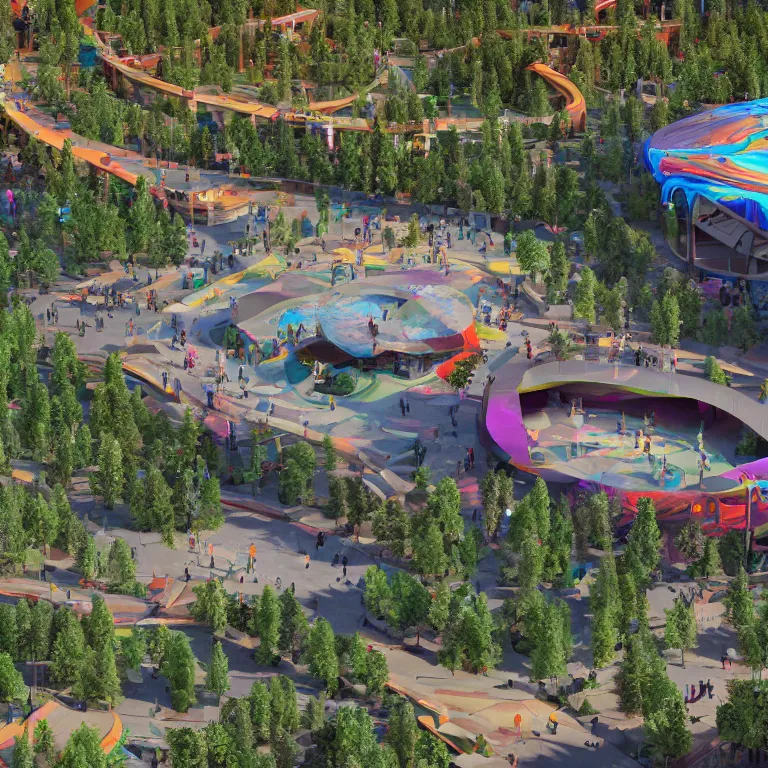 Image similar to environment concept art location of a giant outdoor amphitheater in a modern eco-city located in Aspen Colorado, skybridges, turrets, crowded, hundreds of pedestrians, sunbeams, bold bright colors, unreal engine, detailed, octane render, 4k, photorealistic, cinematic lighting