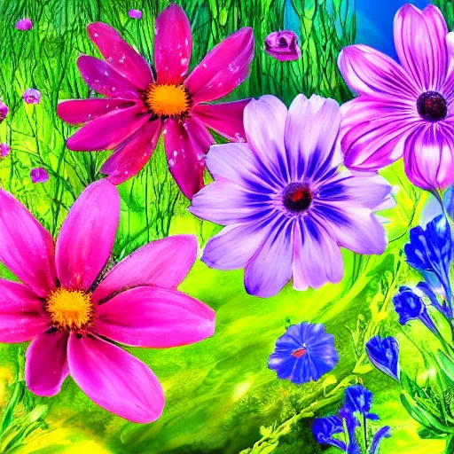 Prompt: nature background, many flowers with stunning colors, high quality art,