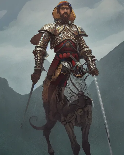 Image similar to ultrarealistic illustration of a spanish conquistador, symmetrical, by daniel zrom and mingchen shen, studio ghibli color scheme, detailed, handsome, anatomy, sharp focus, photography, magic : the gathering, octane, cinematic lighting