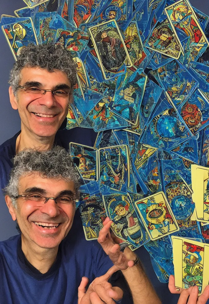 Image similar to Yoshua Bengio smiling on the Tarot card. Illustration.