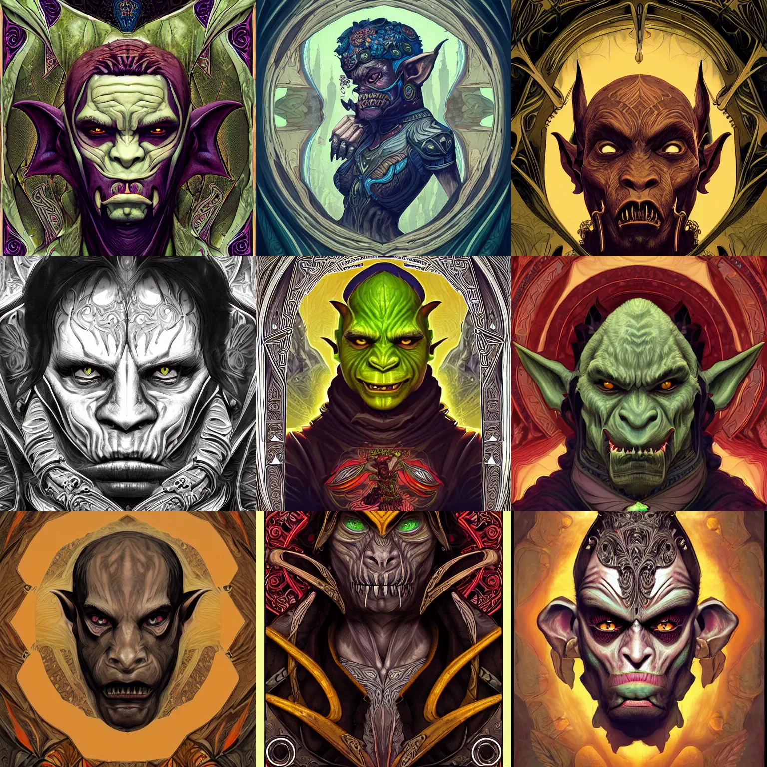 Prompt: head-on symmetrical centered painted portrait, male goblin orc rogue assassin, art nouveau, tarot card style, complex fractal tarot card background, fantasy, intricate, elegant, highly detailed, smooth, sharp focus, illustration, artstation, in the style of Artgerm and Anna Podedworna and Alex Ross and Mucha