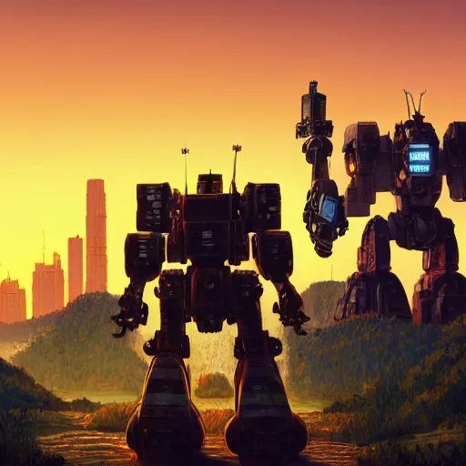 Image similar to Realistic giant mechwarrior robot and the sunset in the distance, by Josan Gonzalez and Geof Darrow, highly detailed, Unreal Engine Render, 3D, 8k wallpaper