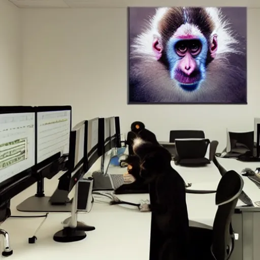 Image similar to 2 5 monkeys using computers, in a well lit office, happy monkey faces, modern paintings on the walls