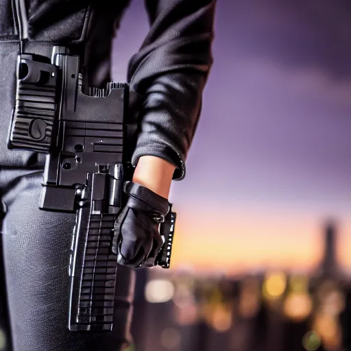 Image similar to photographic portrait of a techwear woman holding a Glock 18, closeup, on the rooftop of a futuristic city at night, sigma 85mm f/1.4, 4k, depth of field, high resolution, 4k, 8k, hd, full color