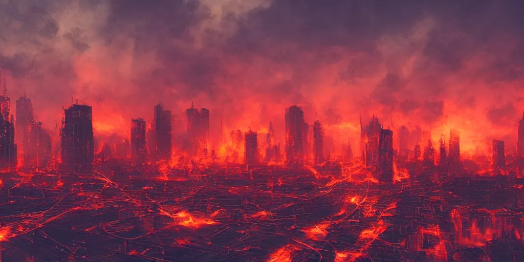 Image similar to cyberpunk moscow, burning houses, demons, evacuation of the city, red horizon, fire on the background