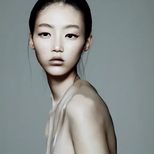 Image similar to a muted colors natural make-up portrait Photograph of a Japanese model, editorial story, Vogue France, editorial photographer by Peter Gehrke