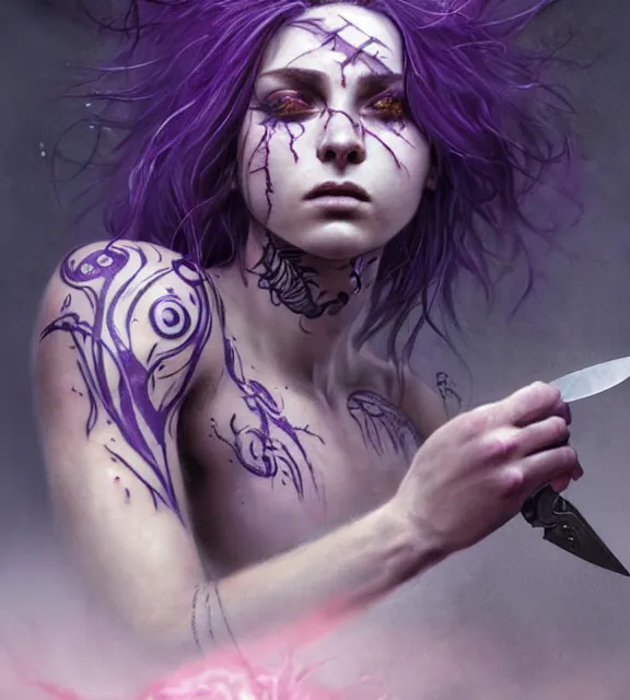 Prompt: beautiful female stabber stabbing soldier with knife, perfect face, intricate tattoos, purple flowing hair, crazy eyes, spraying blood, cinematic, blush, stunning, athletic, moist, strong, agile, highly detailed, hard focus, sensual lighting, art by jessica rossier and brian froud