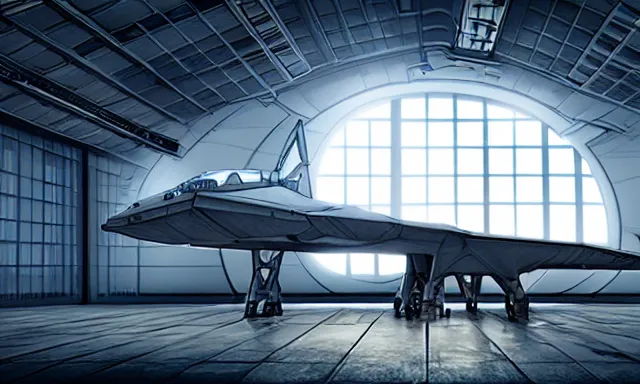 Prompt: matte painting, digital painting, high quality, unreal engine 5, a spaceship in hangar, symmetric